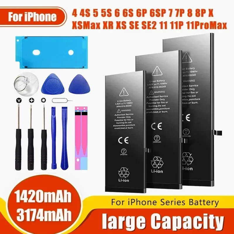 Hohe Kapazität Batterie Für iPhone 4 4S 5 5S 5C SE 2020 6 6S 7 8 SE2 Plus X XR XS 11 Pro Max Handy Pack Neue 0 Zyklus Dichtung Image