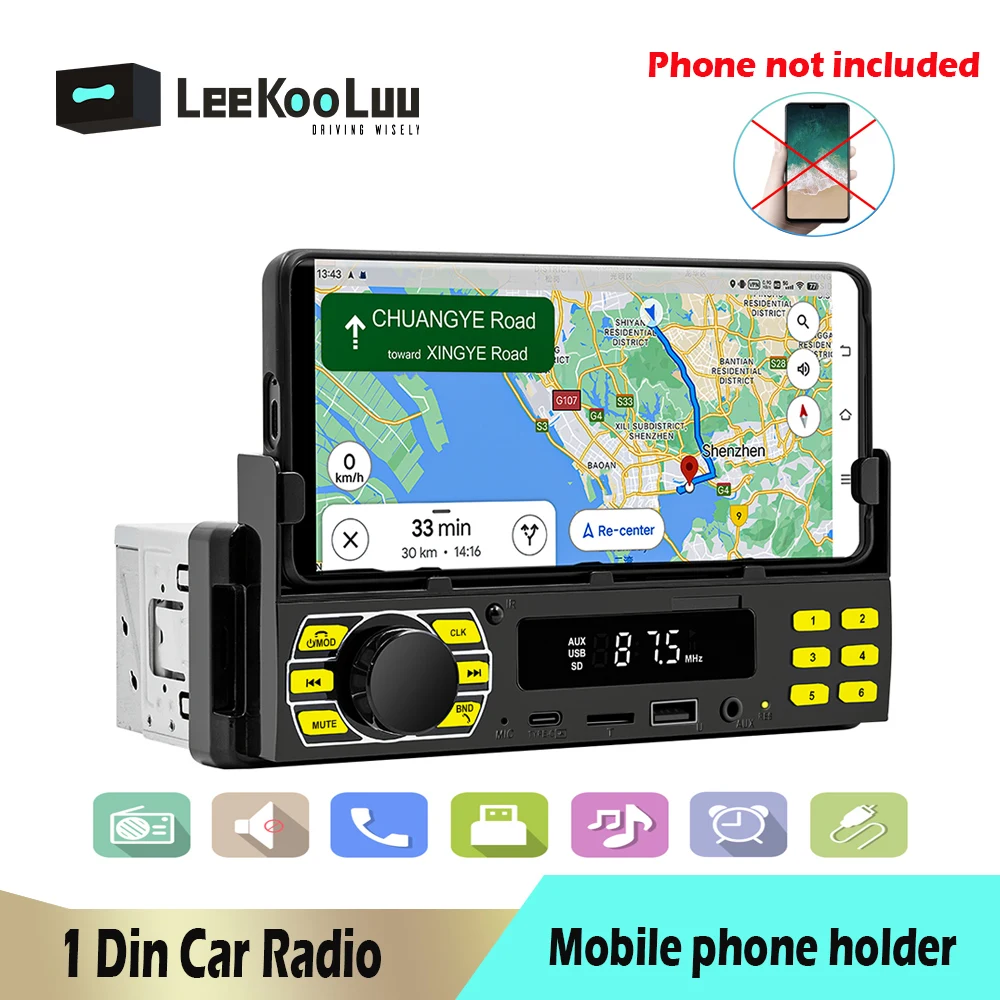 Leekooluu 1 din Autoradio Stereo Bluetooth Audio Musik In-Dash Auto Player MP3-Player USB/SD/AUX-IN mit Handy halter Image