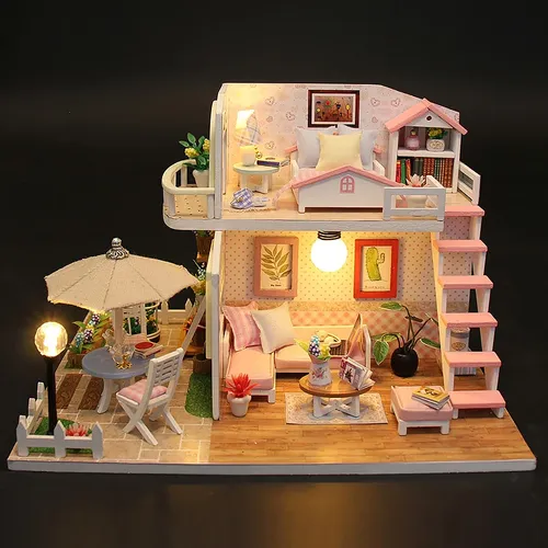 Holz Miniatur Puppenhaus 3d Puzzle Gebäude Modell Kit mit LED-Leuchten montiert Puppen häuser Home