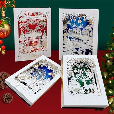 1pc Christmas Three-dimensional Decoration Greeting Card, Laser Engraving Bronzing Craft Card, Four-layer Three-dimensional Exquisite Greeting Card Blessing Card With Envelope