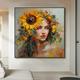Handpainted Retro Profile Woman With Sunflower Canvas Painting Floral Woman Artwork Abstract Female Figure Wall Decor No Frame