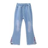 Jalioing Denim Pant for Child Girl Elastic High Waist Flare Jeans Solid Color Mesh Bow Hem Casual Pants (9-10 Years Red)