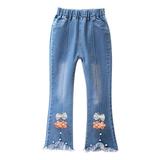 Jalioing Denim Pant for Child Girl Elastic High Waist Flare Jeans Solid Color Mesh Bow Hem Casual Pants (9-10 Years Watermelon Red)