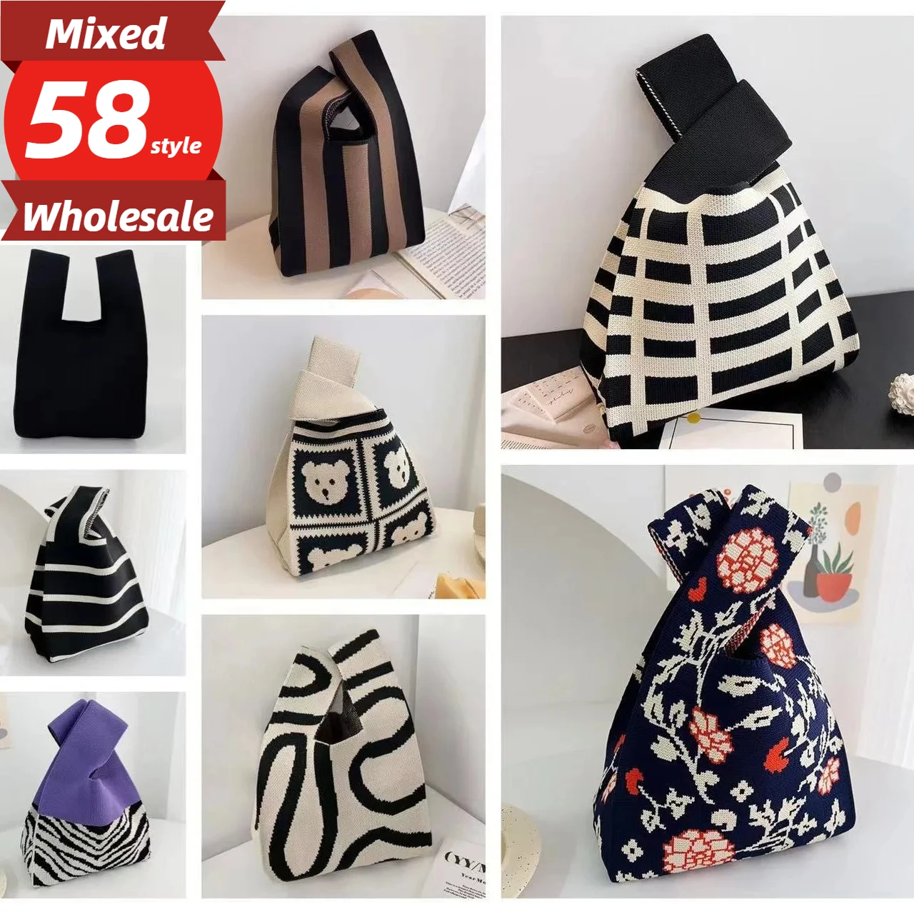 Borsa da polso da donna con nodo Borsa lavorata a maglia fatta a mano Mini borsa portatile a righe Tote Borse per telefono Borse autunno inverno di grande capacità