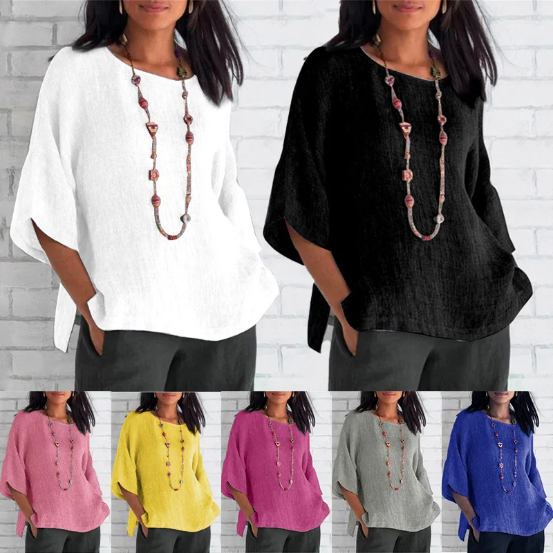 Sommer Frauen Baumwolle Leinen Tops Bluse Damen Baggy Sieben Ärmeln T-Shirt Vintage Streetwear Oansatz Tees Plus Größe 5XL