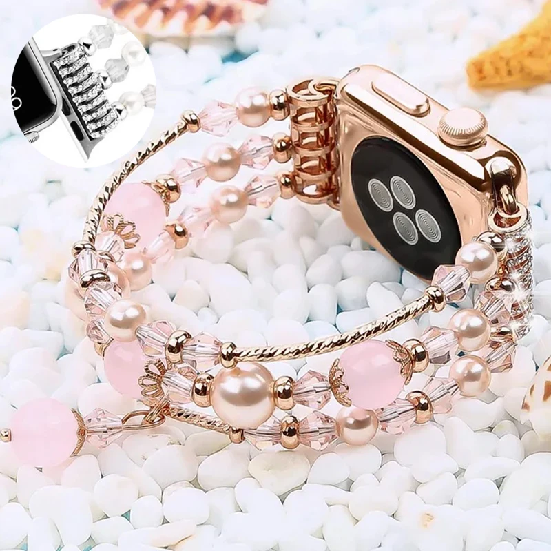 Modisches Damen-Perlenarmband für Apple Watch Band 40 mm, 41 mm, 38 mm, 42 mm, 44 mm, 45 mm, für Iwatch Serie 7 8 SE 6 5 4 elastisches Armband Image