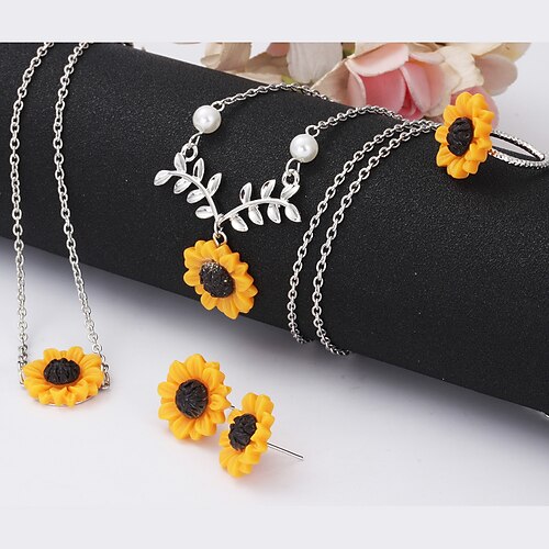 Schmuck, kreative Sonnenblumen-Halskette, Sonnenblumen-Ohrringe, Ring, Blumen-Armband, vierteiliges Set Image