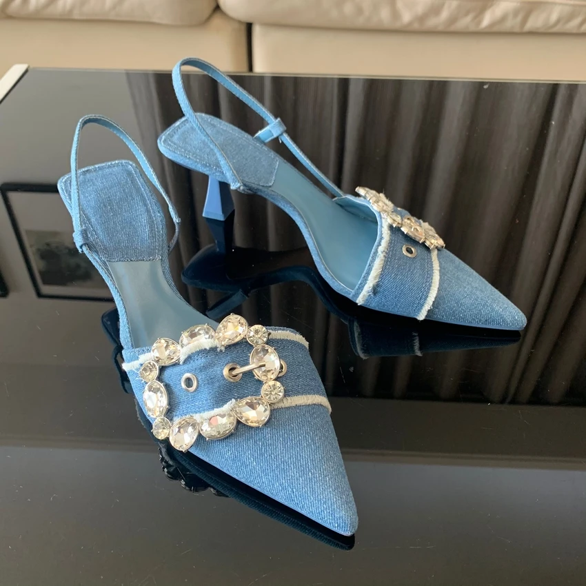 2025 mode Denim Blau Strass Frauen Pumpen Hochzeit Braut Schuhe Elegante High Heels Slingback Spitz Sandalen Damen Schuhe