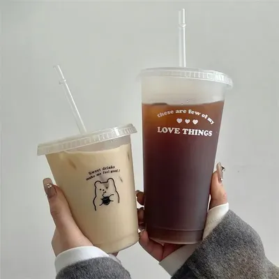470/700ml Cute Korean Style PP Material Portable Water Bottle Coffee Juice Milk Tea Cup Plastic Cool Cup with Lid Straw Reusable