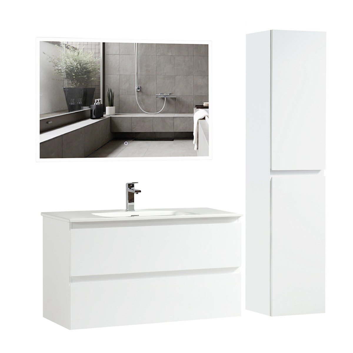 Alpenberger Badmöbel Waschbecken mit Unterschrank und Hochschrank | Waschbeckenbeckenunterschrank mit Waschtisch | Badezimmermöbel mit Led-Badspiegel Image