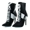 LAIGZEM Frauen Schwarz und Weiß Lace Up Stiefel Zurück Zip High Heel Ankle Booties Schuhe Frau Damen Botines Mujer Große Größe 34-47