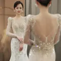GUXQD-Robes de mariée sirène haut de gamme pour femmes manches longues paillettes perles bling