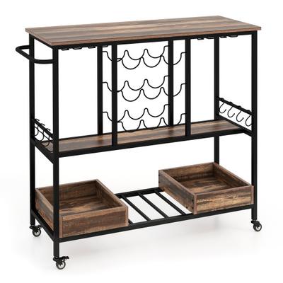 Costway 3 Tiers Bar Cart on Wheels with Glass Racks-Brown