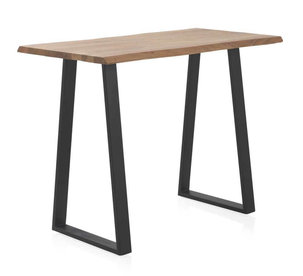 Table de bar haute 130x70 en acacia massif avec pieds en métal noir