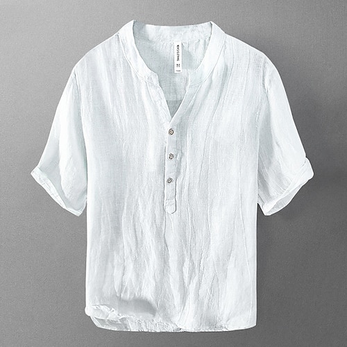 Herren Hemd leinenhemd Lässiges Hemd Baumwoll-Shirt Glatt Strasse Hawaiianisch Schwarz Weiß Khaki Grau Kurzarm V Ausschnitt Sommer Bekleidung Button-Down Image