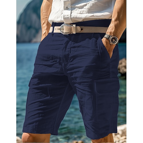 Herren Cargo-Shorts Shorts Leinenshorts Sommershorts Strandshorts Mehrere Taschen Gerader Schnitt Einfach Komfort Atmungsaktiv Knielang Lässig Täglich Ferien Mode Designer Weiß Marineblau Image