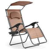 GVN Folding Recliner Lounge Chair with Shade Canopy Cup Holder-Brown Backpack Folding Beach Chairs Portable Beach Chair for Outdoor Lawn Trip Picnic