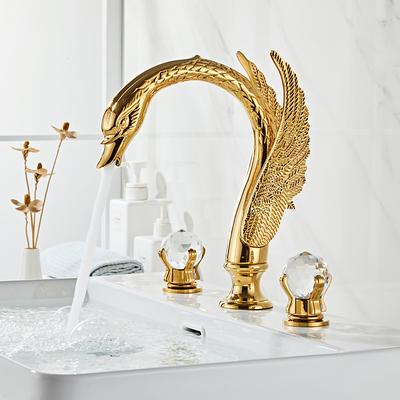 Widespread Bathroom Sink Mixer Faucet Swan Shape, Vintage Brass 3 Hole 2 Handle Basin Tap Deck Mounted, Washroom Basin Vessel Water Tap with Hot and Cold Hose