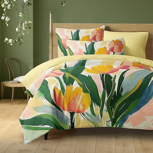 3-teiliges Bettbezug-Set aus 100 % Baumwolle mit Blumenmuster und tropischer Motivserie für den Sommer, weich, hautfreundlich und langlebig Image