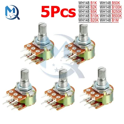 5pcs WH148 B1K B2K B5K B10K B20K B50K B100K B500K 6 pin Shaft Amplifier Dual Stereo Potentiometer 1K