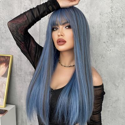 Ash Blue Long Straight Wig With Bangs, Natural Heat Synthetic Wig, Bachelorette Party Wig For Women, Cosplay Party Wig, Wig For Women