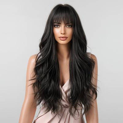 Long Light Black Wig With Bangs, Synthetic Wavy Wi...