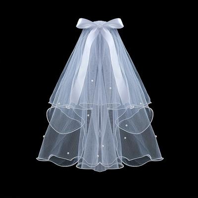 1pc Bridal 2 Tiers Faux Pearl Ribbon Bow Veil With...