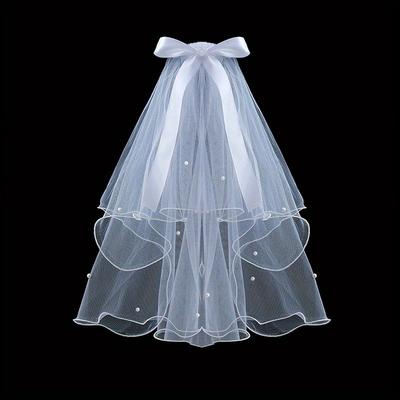 1pc Bridal 2 Tiers Faux Pearl Ribbon Bow Veil With...