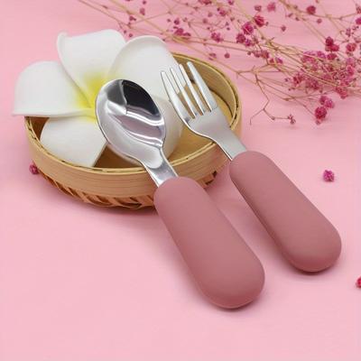 2pcs Toddler Cutlery Stainless Steel Baby Fork And Spoon Kids Cutlery Set With Round Handle For Lunch Box, Safe Fork, Kids Spoon