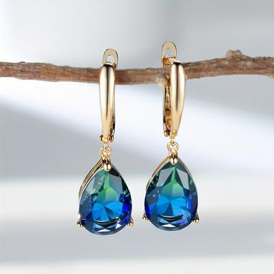 TEMU Blue-green Waterdrop-shaped Zirconia Dangle Earrings For Women, Perfect For Parties, Birthdays, Engagement And Wedding Earrings Luxurious And Charming Image