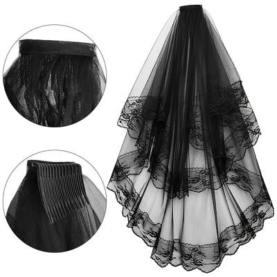 1pc Black Bridal Wedding Veil With Comb Floral Edge Baroque Style Princess Cathedral Wedding Veil