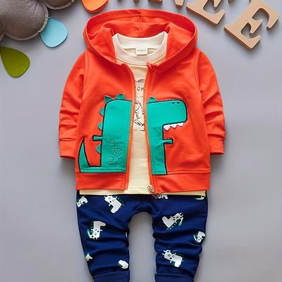 3pcs Baby's Dinosaur Themed Spring & Fall Set, Hooded Jacket & Long Sleeve T-shirt & Pants, Baby Boy's Clothing, As Gift