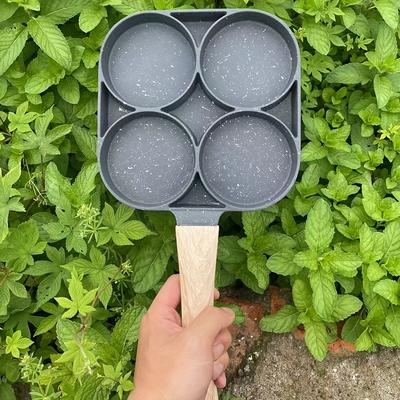 TEMU 1pc Versatile 4-hole Fry Pan For Eggs, Pancakes & - Aluminum With Wooden Handle, Ideal For Image