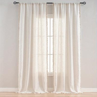 1pc Beige Lace Linen Sheer Curtain With Tassels Rod Pocket Window Treatment For Bedroom Office Kitchen Living Room Study Home Decor