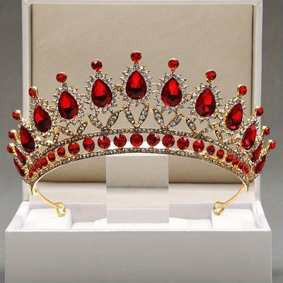 Red Crystal Alloy Headband Queen's Crown Tiara Head Jewelry Bridal Wedding Accessories Birthday Party Headwear For Female