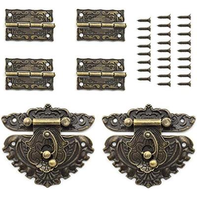 6pcs Jewelry Box Hinge And Engraved Vintage Bronze Hasp Latch With Matching Screws Kit For Decorative Cabinet Small Antique Wooden Box Hand Crafts