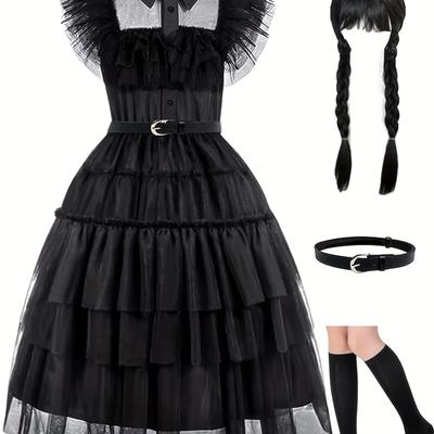 Halloween Cosplay Costumes Set Girls Black Princess Dress + Belt + Wig + Socks Kids Clothes For Party Mardi Gras