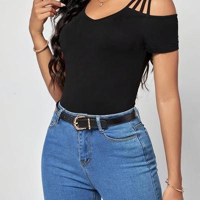 TEMU Solid Cold Shoulder T-shirt, Casual Short Sleeve T-shirt For , Women's Clothing Image