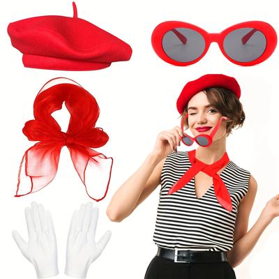 Women Accessory Set Fancy Dress Costume Dress Up Combination Including Red Beret Scarf Sunglasses Gloves