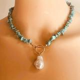 1pc Bohemian Turquoise Crushed Stone Necklace With Freshwater Pearl Pendant
