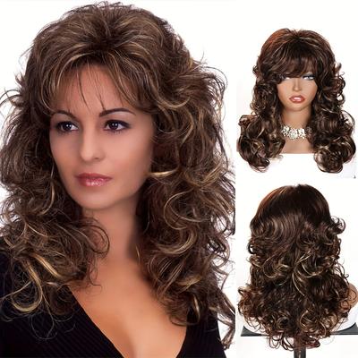 20 Inch Women's Long Big Wave Curly Wig With Bangs Synthetic Fiber Wig Suitable For Daily 4 Seasons Wear Party Use Brown Multi-colored 3 Colors Available
