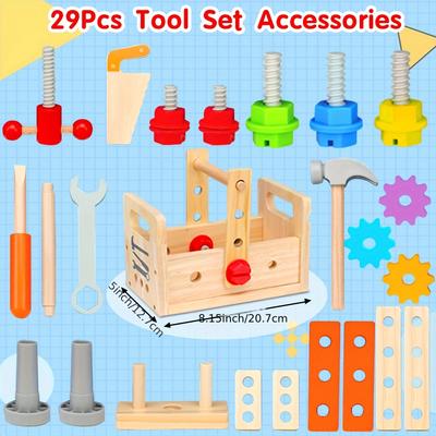 29pcs Wooden Toddler Tool With Box, Montessori Ste...