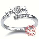 925 Sterling Silver Inlaid Zircon Ring Mom Letter Love Ring Open Adjustable Ring Mother's Day Gift Jewelry