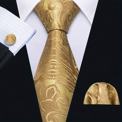 TEMU Lineziseid 3pcs/set Men's Silk Classic Floral Necktie With Hanky And Cufflinks For Business & Wedding, Father's Day Gift