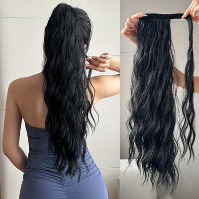 Synthetic Ponytail Extension Black Color Long Wate...