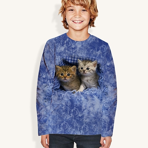 Kinder Katze 3D-Druck T-Shirt T-Shirt Langarm blau grau Tierdruck Schule Alltag aktiv 4-12 Jahre / Herbst Image