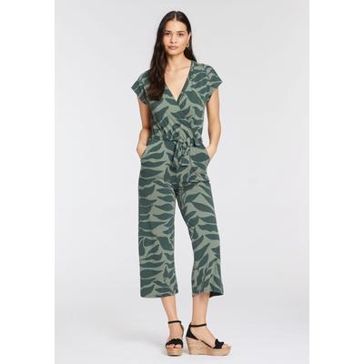 Culotte-Overall HECHTER PARIS, Damen, Gr. 38, N-Gr, grün (grün, gemustert), Single Jersey, Obermaterial: 95% Viskose, 5% Elasthan, feminin, figurbetont 7/8-Länge, V-Ausschnitt, Kurzarm angeschnitten, Overalls, mit Wickelteil Image
