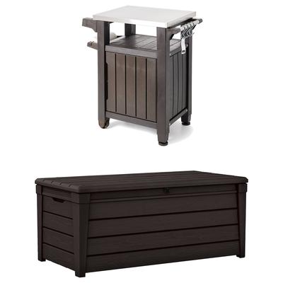 Keter Unity 40 Gal Grilling Bar Cart with Brightwood 120 Gal Storage Deck Box