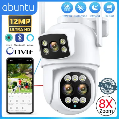 12MP 6K WiFi IP Kamera Outdoor 8X Zoom Dual Bildschirme 6MP PTZ Wifi Überwachung Kamera Nachtsicht ICSEE APP CAM Menschliche Erkennung