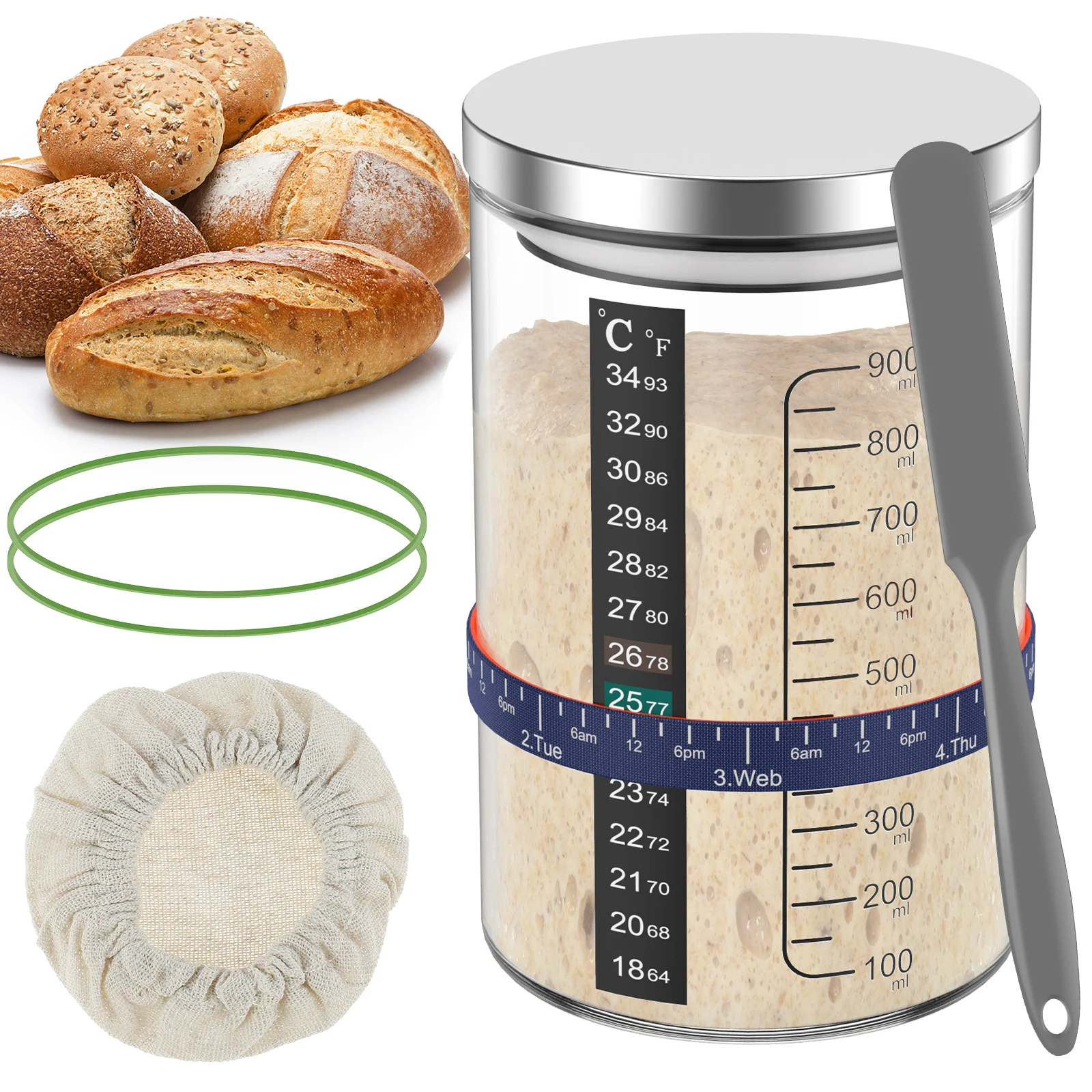 Sauerteig-Starterglas, 900 ml, Starterbehälter, klares Glas und Zubehör für Sauerteigbrot, Backzubehör, Ferment- und Lebensmittelaufbewahrung Image